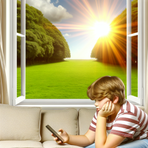 child lying on a couch looking at cell phone in front of large window showing green grass, trees and sun shinning